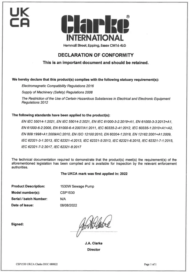Clarke CSP1530 1530W Sewage Pump - sartificate