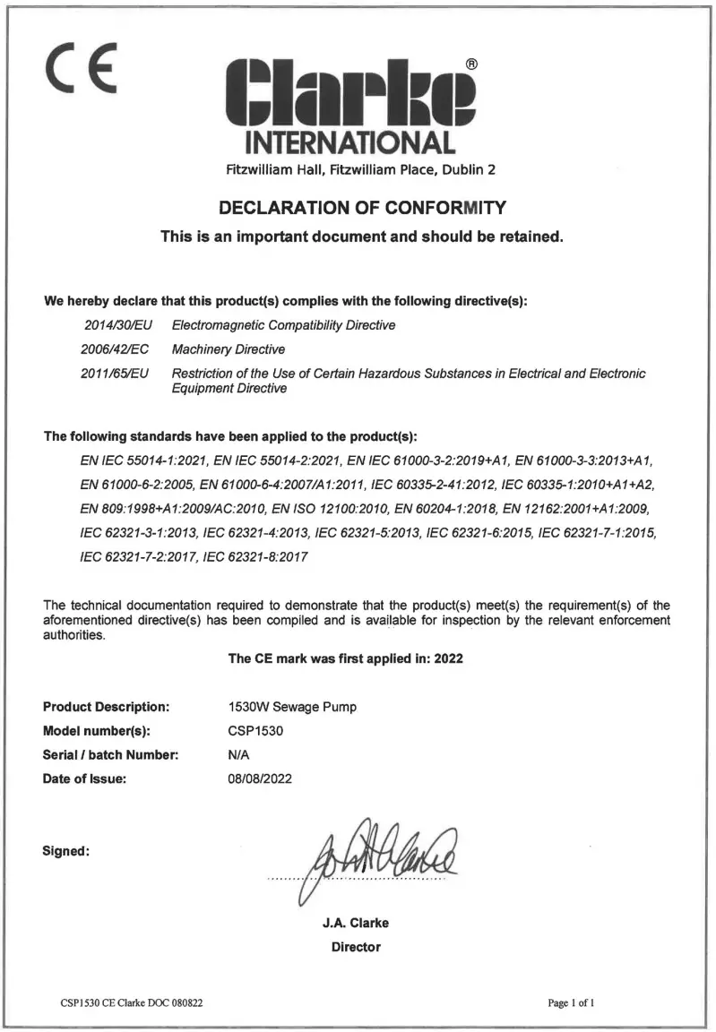 Clarke CSP1530 1530W Sewage Pump - sartificate1
