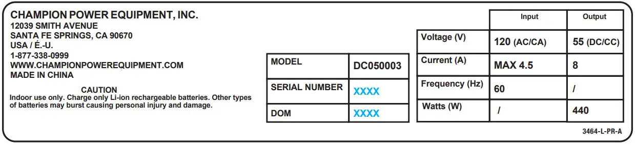 CHAMPION 100594 1600 Portable Power Station - AC Charger Dataplate