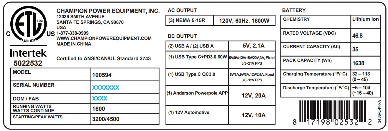 CHAMPION 100594 1600 Portable Power Station - Power Station Dataplate