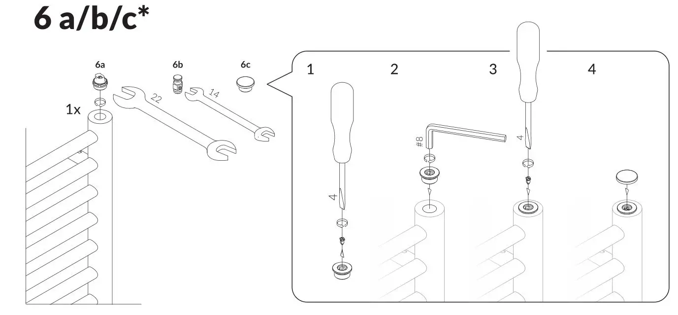 TERMA 2111BTU Rolo Towel Rail - Figure 6abc