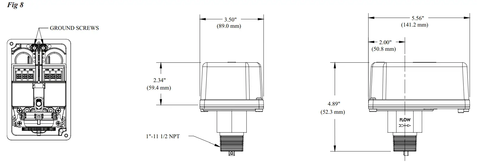 POTTER VSR S Series Waterflow Alarm Switch for Small Pipe - Mounting Dimensions