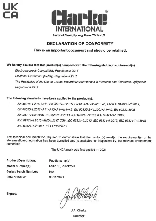 Clarke PSP105 250w Puddle Pump With Auto Sensor - 1