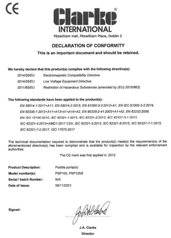 Clarke PSP105 250w Puddle Pump With Auto Sensor - 2