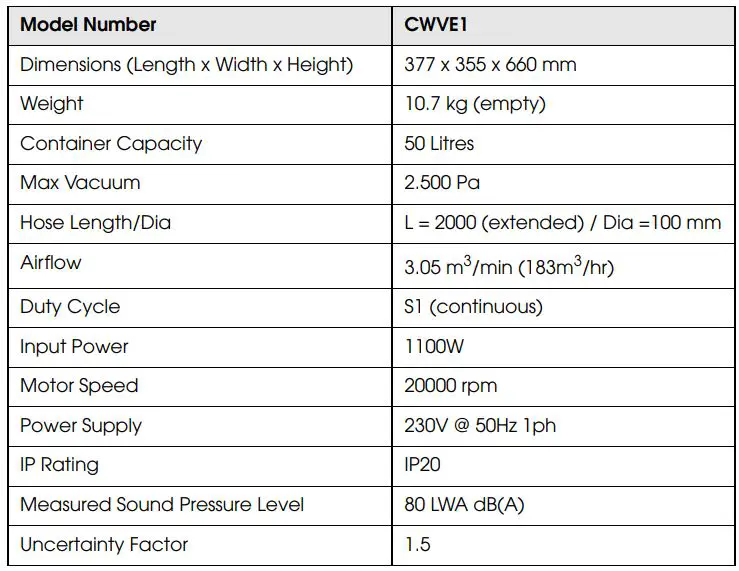 Clarke CWVE1 Vacuum Extractor - PRODUCT SPECIFICATIONS