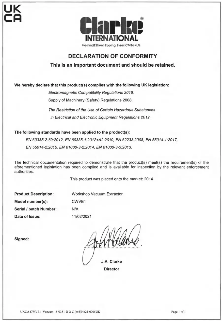 Clarke CWVE1 Vacuum Extractor - declaration of conformity 2