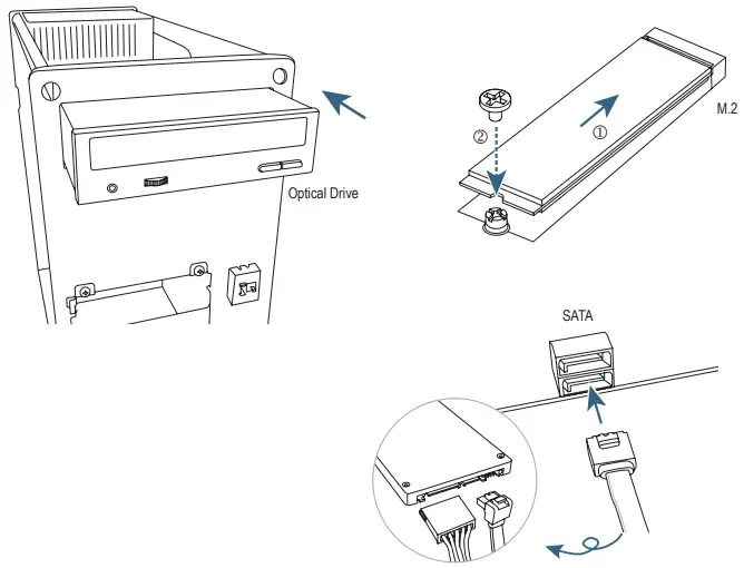 Install hard drives and optical drives.