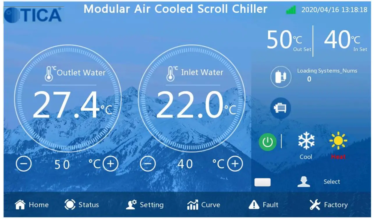 TICA TCAV BHE Modular Air Cooled Chiller (Heat Pump) - Main interface