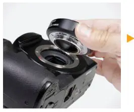 VELLO LAE-MFT-FT Auto Lens Adapter User Manual - Line up the alignment dots on the lens adapter and the camera