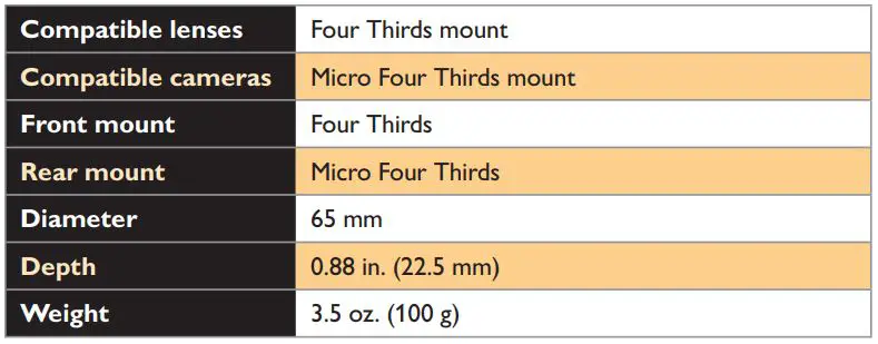 VELLO LAE-MFT-FT Auto Lens Adapter User Manual - Specifications