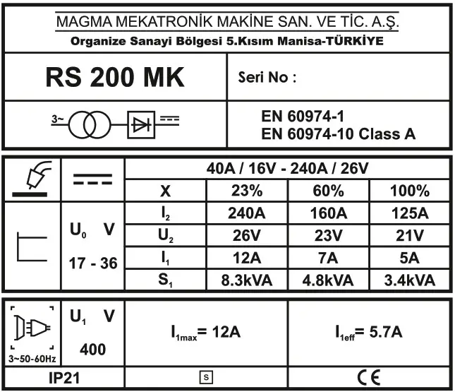Magmaweld RS 200 MK MIG or MAG Welding Machines - Product Label 1