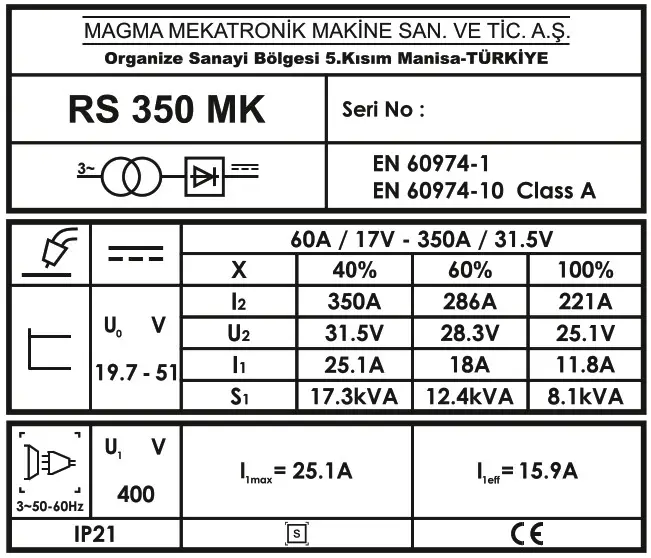 Magmaweld RS 200 MK MIG or MAG Welding Machines - Product Label 2