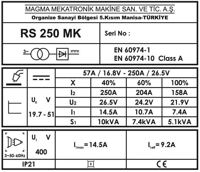 Magmaweld RS 200 MK MIG or MAG Welding Machines - Product Label 3