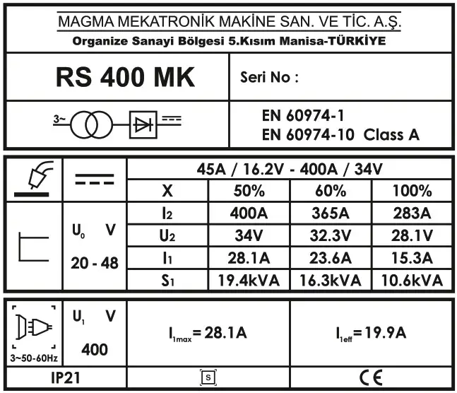 Magmaweld RS 200 MK MIG or MAG Welding Machines - Product Label 4