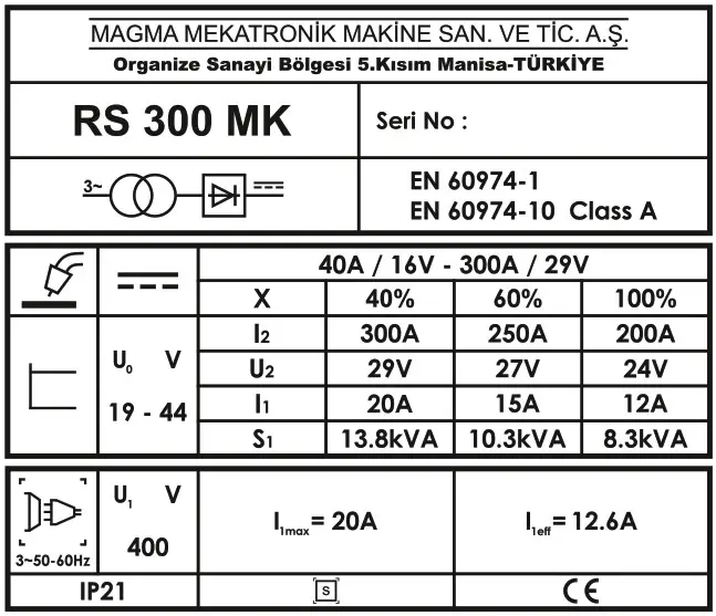 Magmaweld RS 200 MK MIG or MAG Welding Machines - Product Label 5