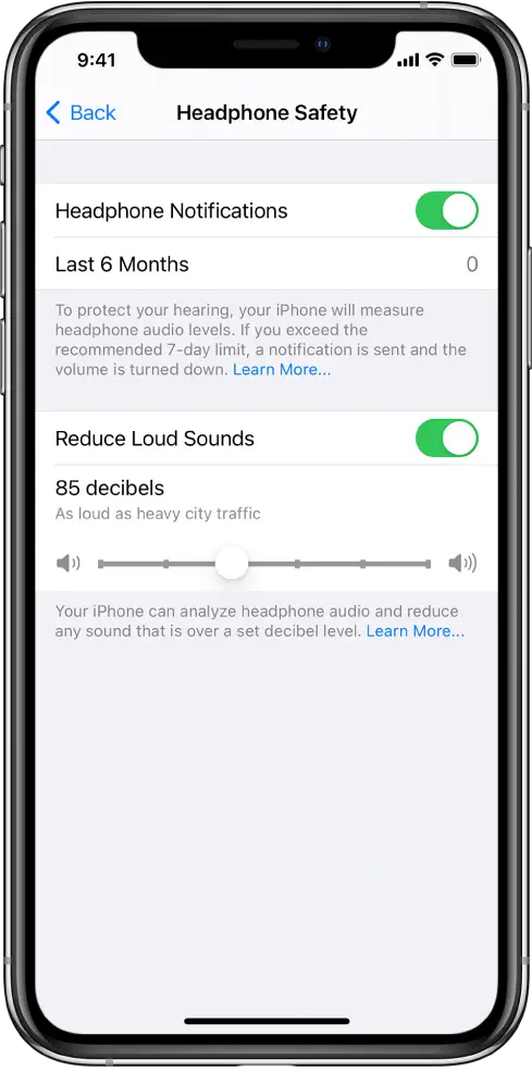 The Headphone Safety screen, showing the button for turning on or off Headphone Notifications, the number of headphone notifications sent in the last 6 months, the button for turning on or off the Reduce Loud Sounds setting, a slider for changing the maximum decibel level, and the selected decibel limit of 85 decibels.