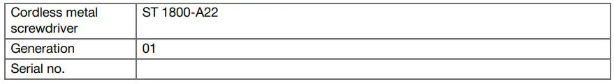 HILTI ST 1800-A22 Cordless Screwdriver Instruction Manual - Product information