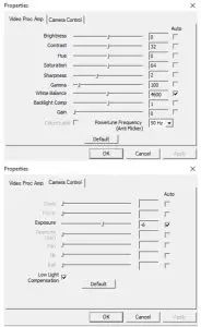 Video Capture Filter -> Video Proc Amp/Camera Control