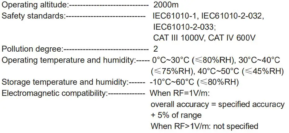 UNI-T UT208B 1000A True RMS Digital Clamp Meter User Manual - Environmental Specifications