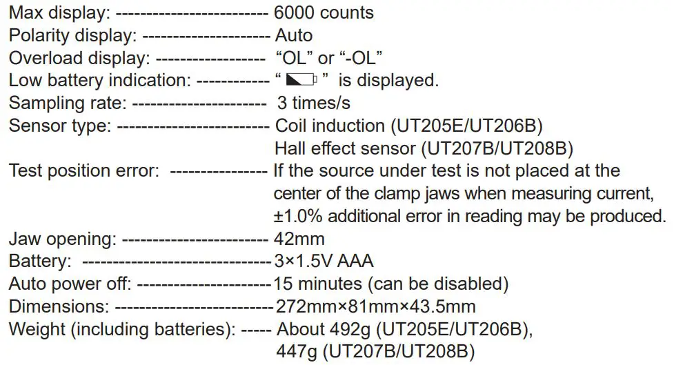 UNI-T UT208B 1000A True RMS Digital Clamp Meter User Manual - General Specifications
