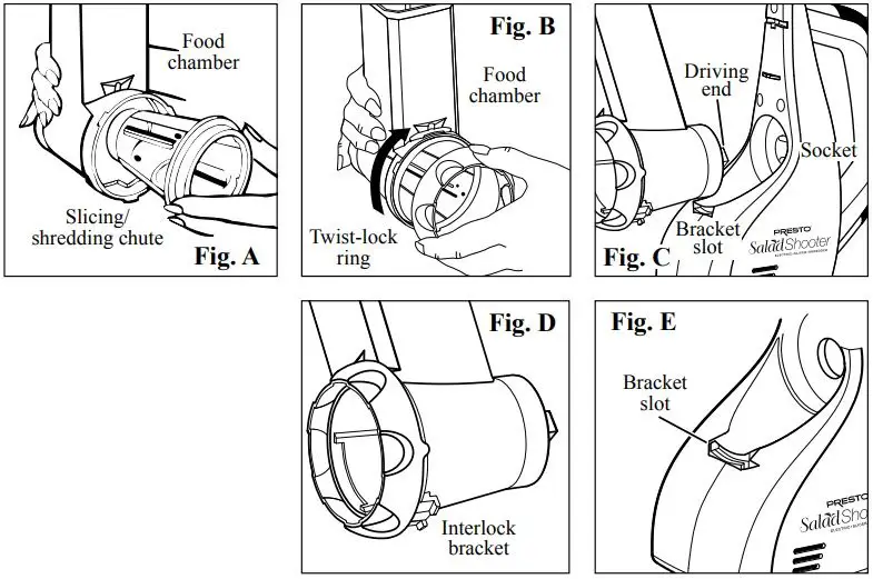 PRESTO SaladShooter Electric Slicer Shredder Instructions - Figure A to E