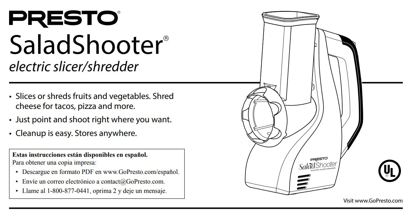 PRESTO SaladShooter Electric Slicer Shredder Instructions