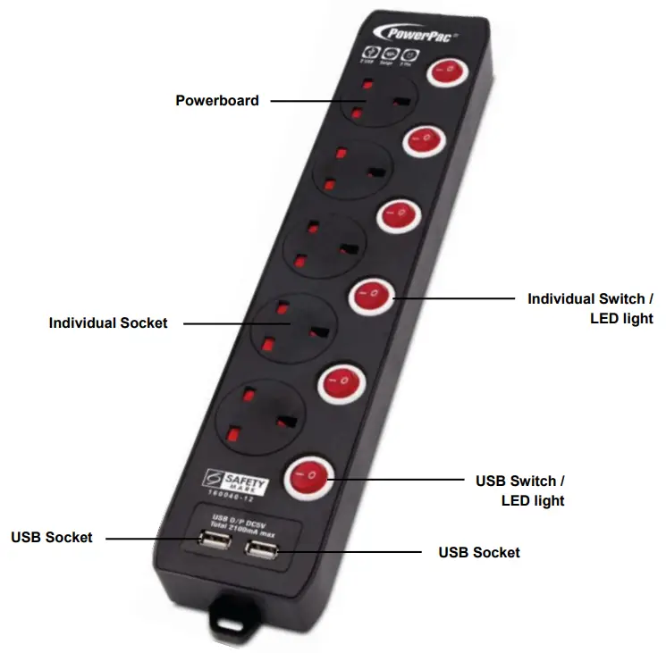 PowerPac PP135UBK Extension Socket-fig1