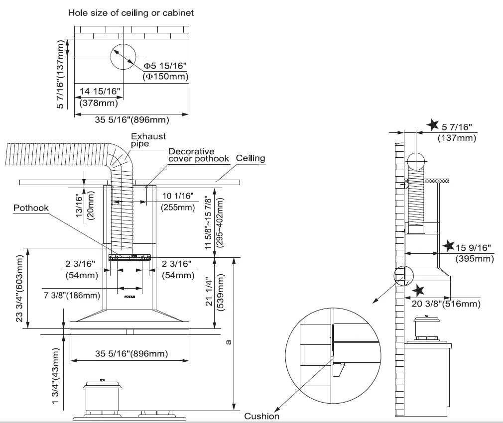 FOTILE EMS9026 36 Inch Stainless Steel Ducted Chimney Style Wall Mount Hood 9