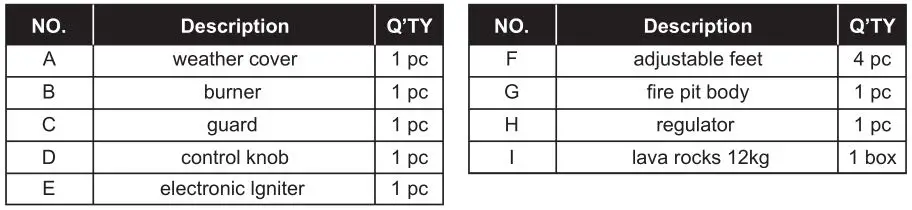 Xaralyn Bowl 80 or Tree Outdoor Fire - Part List Table