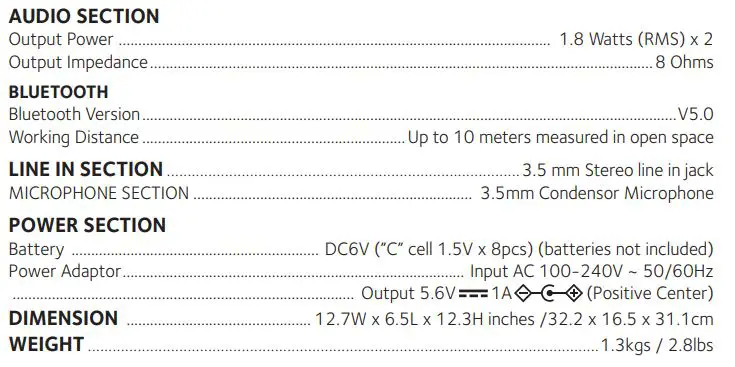 singing machine SMK250 Kids Mood Bluetooth Sing-Along Speaker Instruction Manual - Specifications