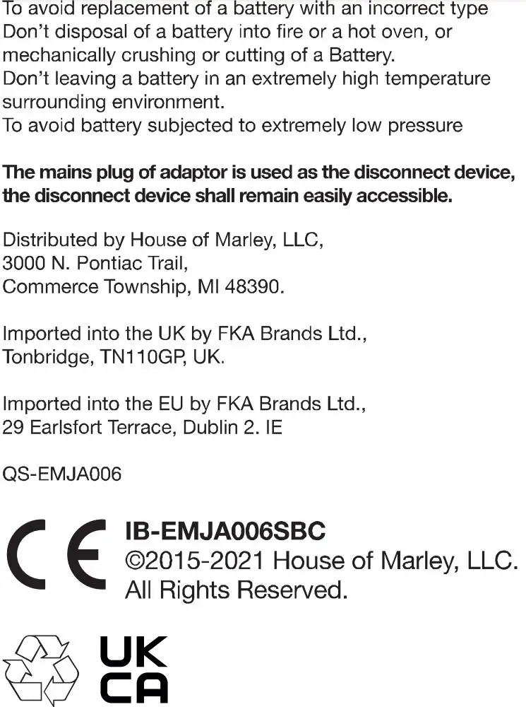 Marley EMJA006B Portable Bluetooth Speaker User Manual - Two Year Warranty