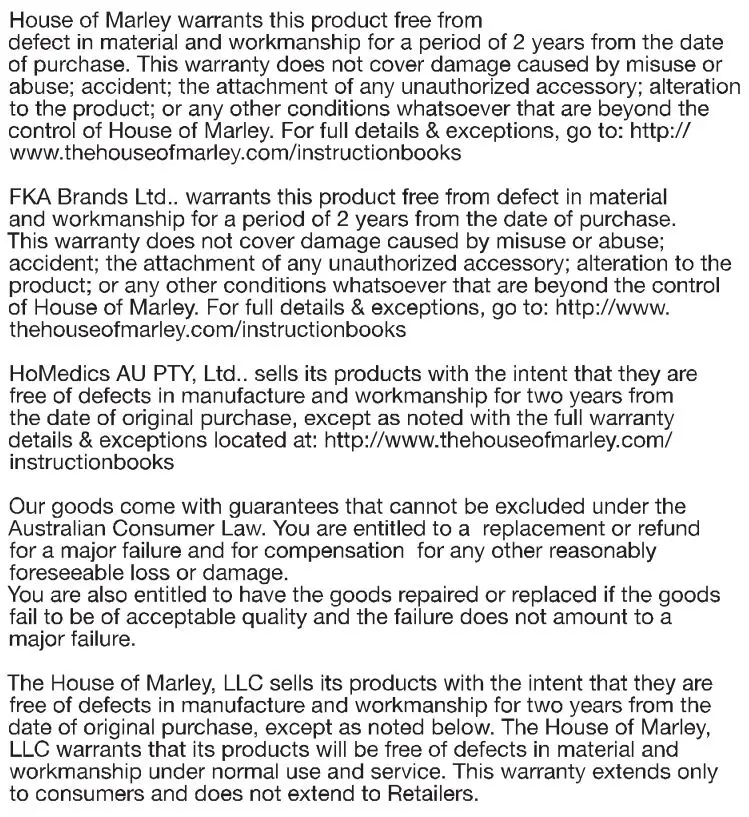 Marley EMJA006B Portable Bluetooth Speaker User Manual - Warranty