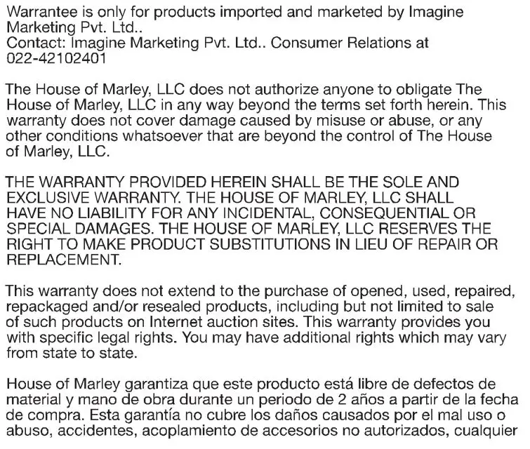 Marley EMJA006B Portable Bluetooth Speaker User Manual - Warranty