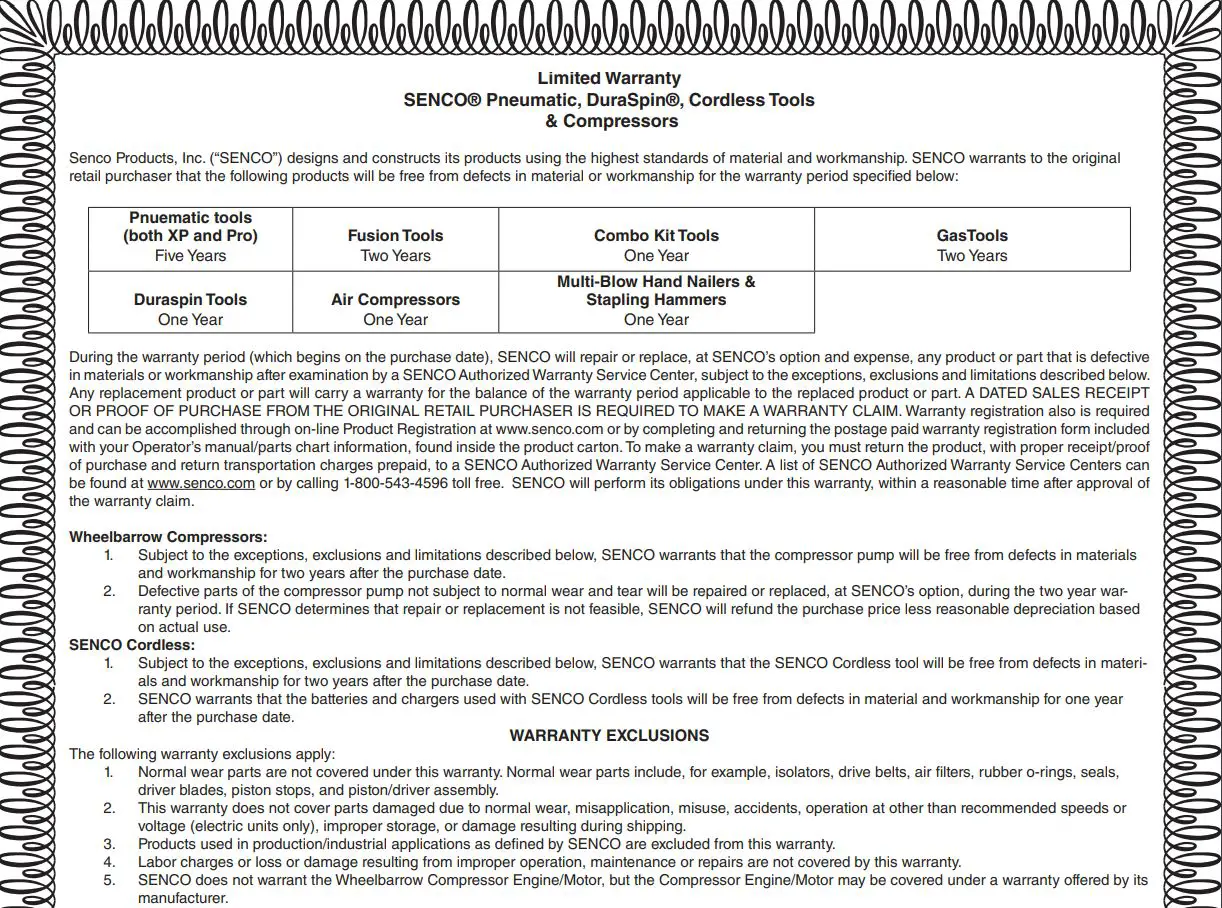 SENCO Construction Staplers Instruction Manual - Limited Warranty