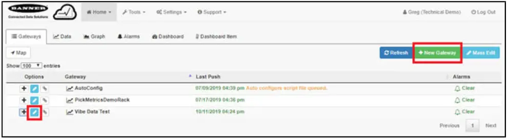 BANNER DXM700-B1R1 Wireless Controller - Edit Gateway
