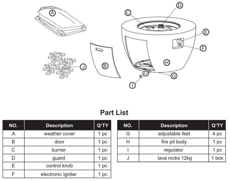 Xaralyn Bowl 90 or Table 90 Outdoor Fire - Part List