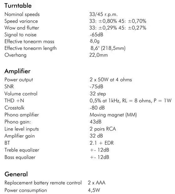Pro-Ject Jukebox S2 Turntable - Technical specifications 1