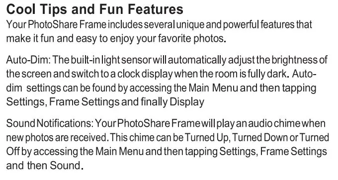 Switchmate FSM010BL 10 Inch Black PhotoShare Friends and Family Smart Frame User Guide - Cool tips and Fun Features