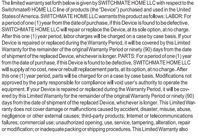 Switchmate FSM010BL 10 Inch Black PhotoShare Friends and Family Smart Frame User Guide - Limited Warranty