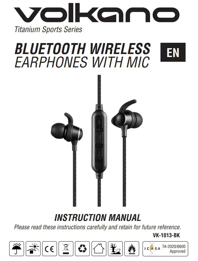 volkano Bluetooth Wireless Earphones with Mic Instruction Manual