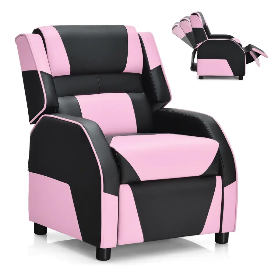 COSTWAY HW66874PI Pink Kids Youth Gaming Sofa Recliner with Headrest and Footrest PU Leather