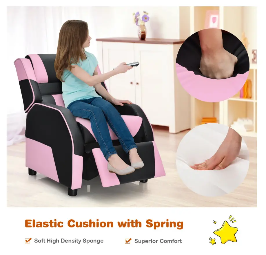 COSTWAY HW66874PI Pink Kids Youth Gaming Sofa Recliner with Headrest and Footrest PU Leather How to use