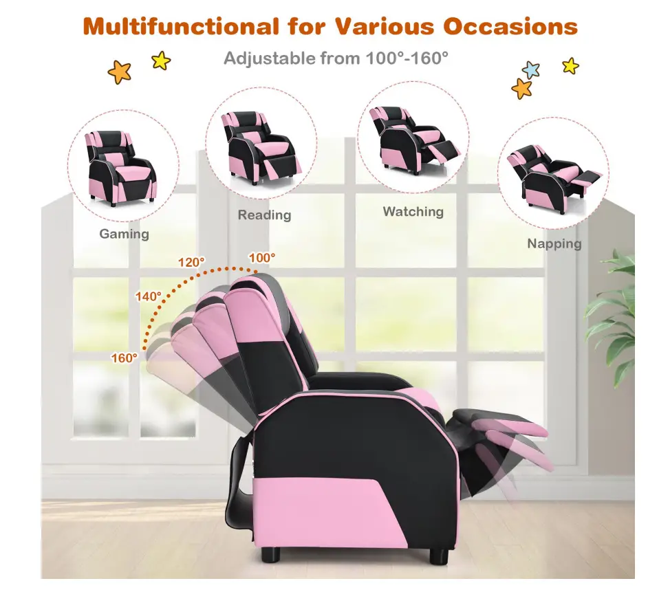 COSTWAY HW66874PI Pink Kids Youth Gaming Sofa Recliner with Headrest and Footrest PU Leather How to use
