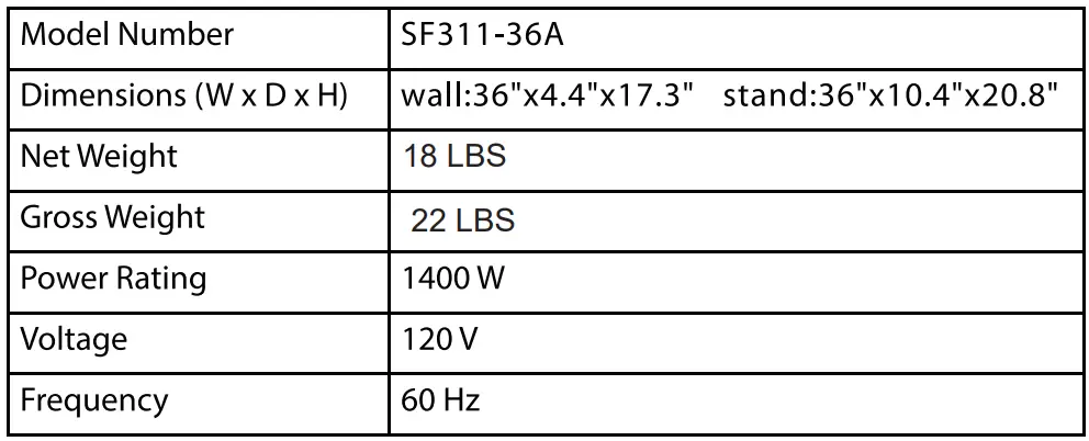 COSTWAY FP10068US Wall Mounted Electric Fireplace User Manual - Specifications