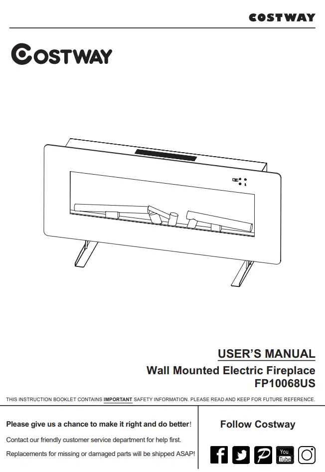 COSTWAY FP10068US Wall Mounted Electric Fireplace User Manual