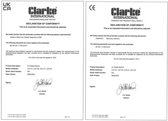 Clarke CAT141 amp 142 Air Impact Wrench - DECLARATION OF CONFORMITY