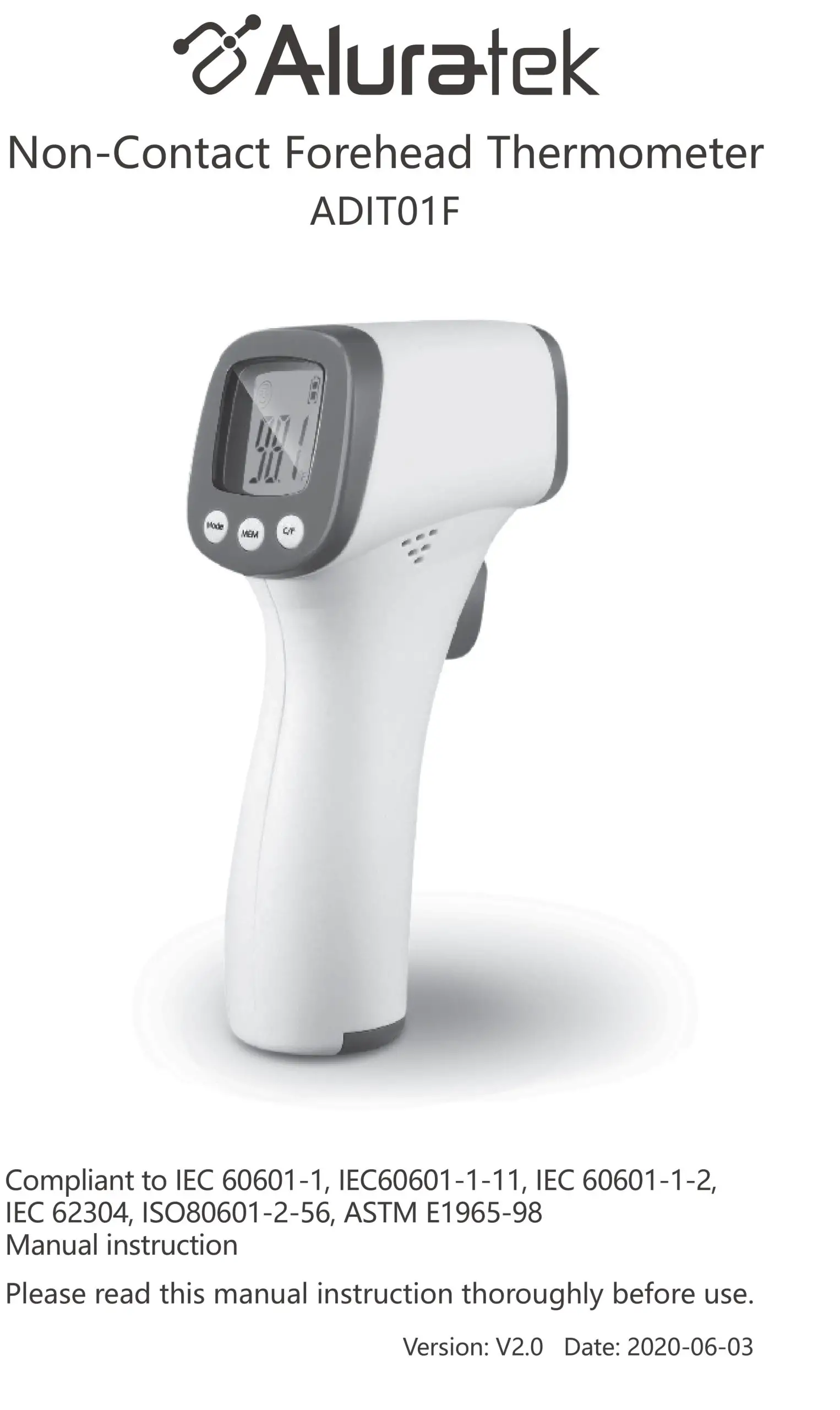 Aluratek ADIT01F Non-Contact Forehead Thermometer User Manual