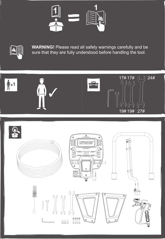 Kingfisher Erbauer EAPS600 Airless Paint - Warning, Tools needed & Box Content