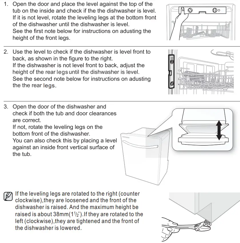 SAMSUNG DW80N3030 Series 24 Inch Wide 15 Place Setting Energy Star Rated Built-In Semi Integrated Dishwasher Installation Guide - Leveling The Dishwasher