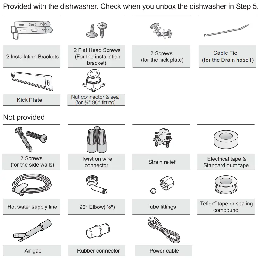 SAMSUNG DW80N3030 Series 24 Inch Wide 15 Place Setting Energy Star Rated Built-In Semi Integrated Dishwasher Installation Guide - Parts required